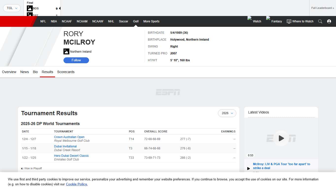 Rory McIlroy 2026 Golf Tournaments Played - ESPN